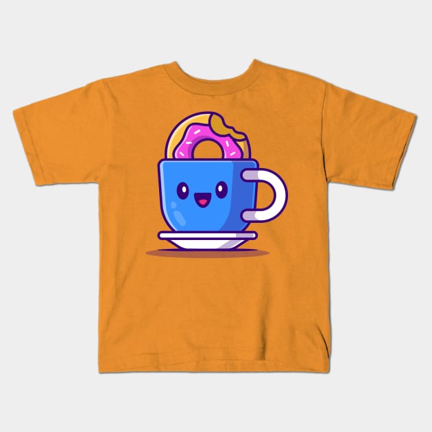 Cute Hot Coffee With Doughnut Cartoon Kids T-Shirt by Catalyst Labs